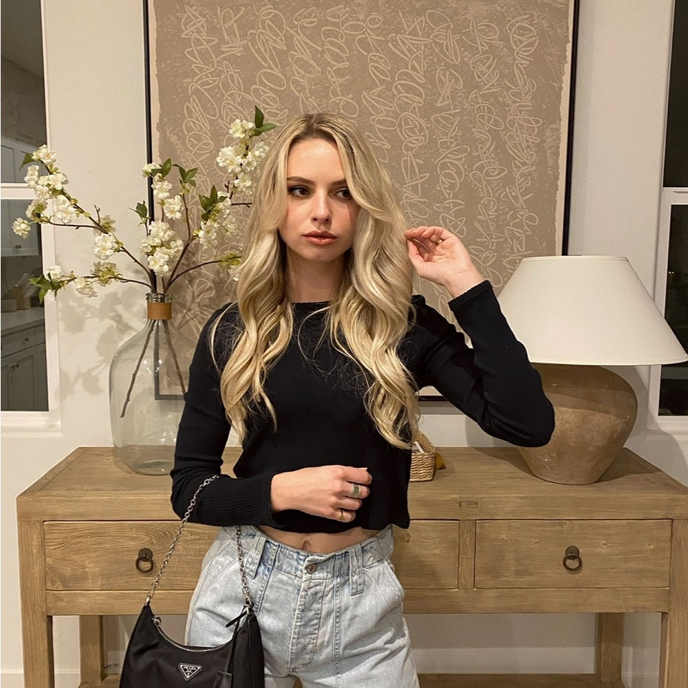 Topshop Black Cropped Tibbed Long-Sleeve Knit Top